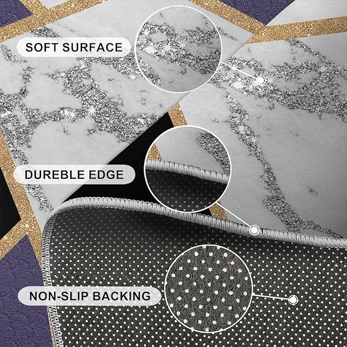 Black Gold Marble Area Rugs Geometric Marble Area Rug Modern Minimalist Carpet Irregular Geometric Patchwork Carpet Low Pile Non-Slip Rug for Living Room 7x8ft
