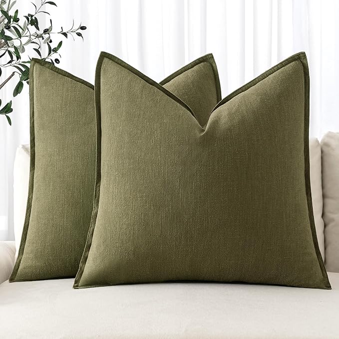 MIULEE Decorative Linen Pillow Covers 26x26 Inch Green Boho Farmhouse Neutral Couch Throw Pillows for Bed Pack of 2 Accent Outdoor Pillowcase Modern Sofa Cushion Livingroom Home Decor