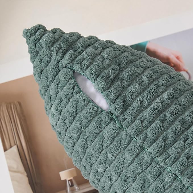 Kevin Textile Decorative Pillow Covers Set of 2 Striped Plush Corduroy Pillows Pillowcases Boho Home Decor Cushion Covers for Couch Sofa Bed Living Room 20x20 Inch, Teal Green