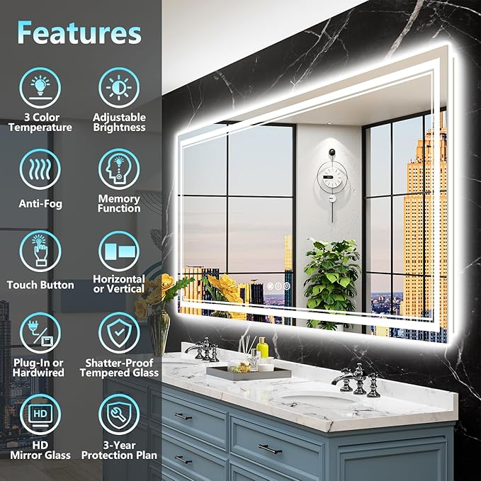 77x36 LED Bathroom Mirror with Lights, Backlit & Front Lit, Anti-Fog Frameless Lighted Vanity Mirrors for Bathroom Wall, Dimmable, 3-Color Light, Memory, Shatter-Proof, Tempered Glass, CRI＞90
