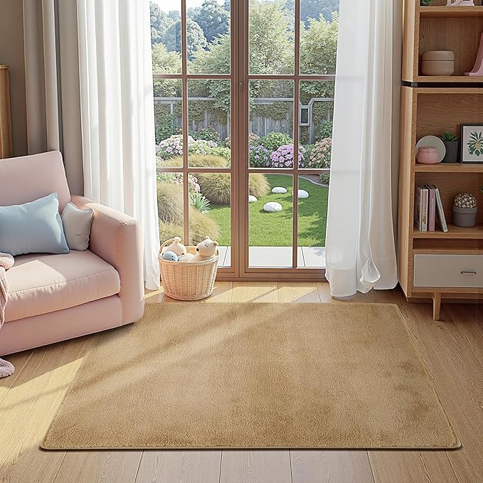 jinchan Solid Plush Area Rug 3x5 Performance Shaggy Washable Rug Indoor Soft Modern Faux Wool Cozy Non Slip Carpet for Living Room Kids Room Bedroom Dining Room Nursery Tan