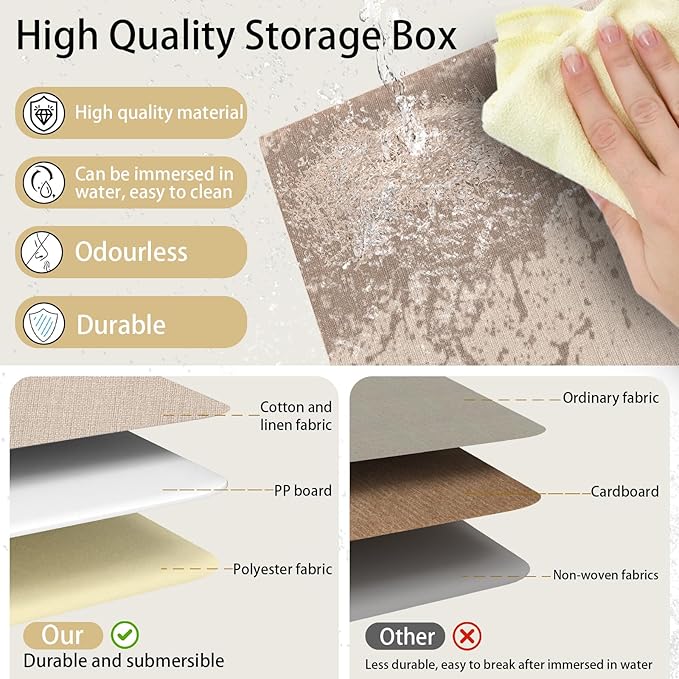 Yawinhe Fabric Storage Bins with Handles, Foldable Baskets for Shelves, Cubes with 3 Handles, Large Boxes for Clothes, Beige, 16.9''Lx11.8''Wx10.2''H, 4-Pack