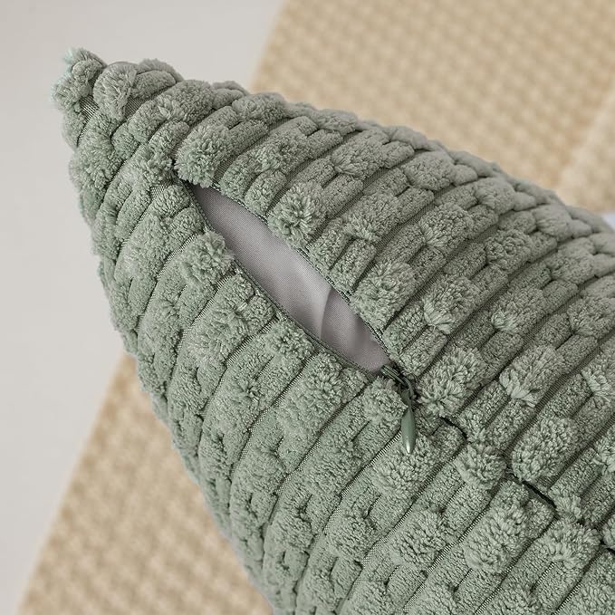 Kevin Textile Throw Pillow Covers Soft Corduroy Decorative Set of 2 Boho Striped Pillow Covers Pillowcases Farmhouse Home Decor for Couch Bed Sofa Living Room 18x18 Inch Greyish Green