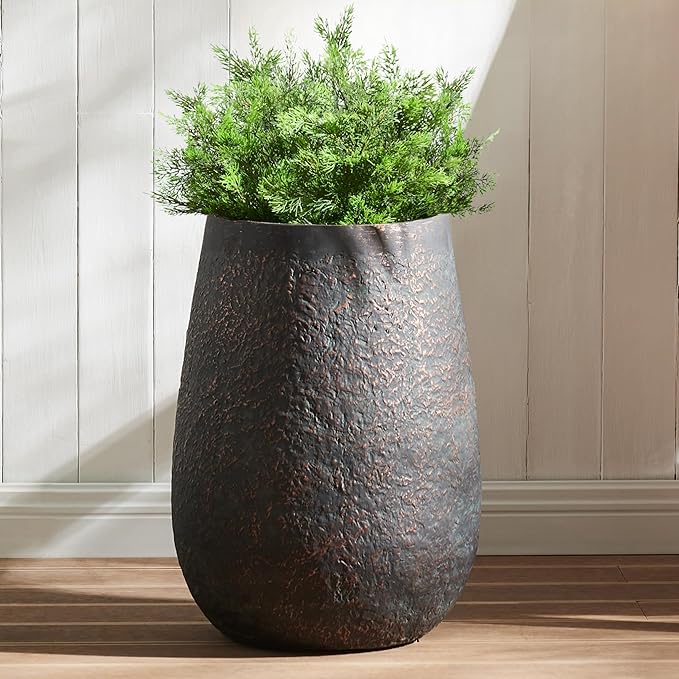 Weathered Concrete 19.7 Inch Tall Planter, Large Decorative Flower Pot with Drainage Hole, Round Plant Container for Home, Garden, Patio, Courtyard, A Dusting of Bronze Rust with Green Tone, 1 Pack