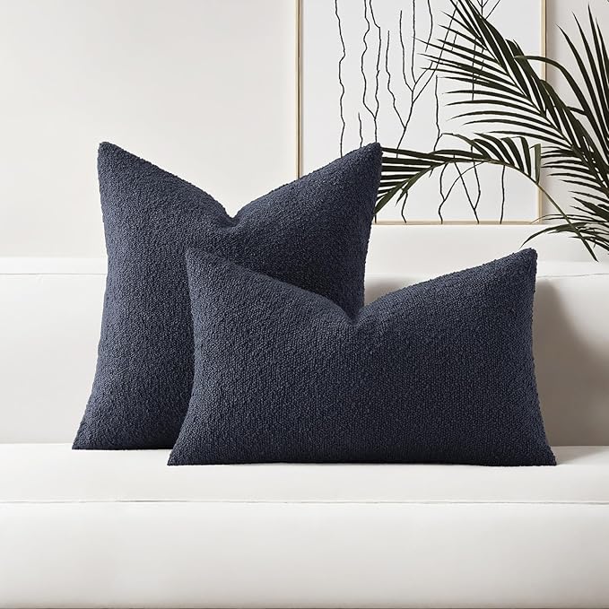 HAUSSY Set of 2 16x16 Decorative Throw Pillow Covers, Soft Cozy Textured Boucle Couch Cases, Home Decor for Couch Bed Living Room, Navy Blue