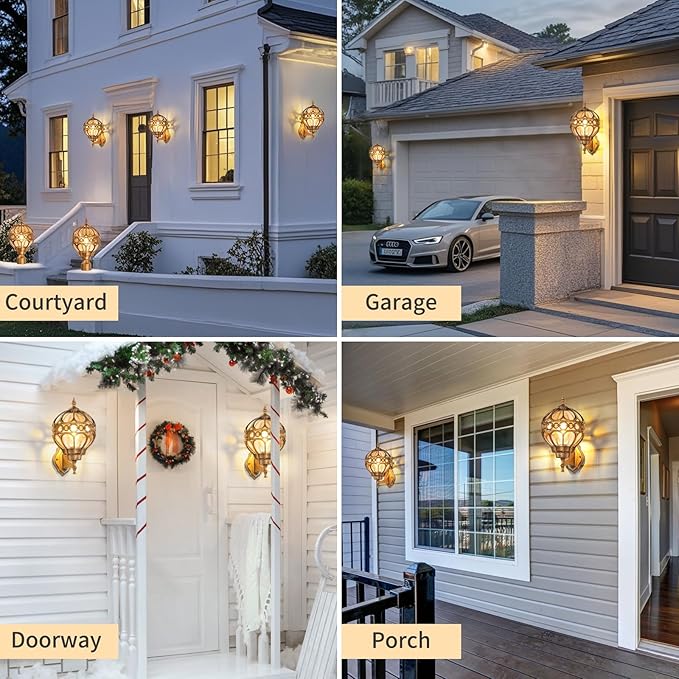 Gold Outdoor Wall Light Fixtures, Globe Exterior Aluminum Waterproof Porch Lights, Sphere Anti-Rust Outside Lantern Wall Mount with Amber Glass for Patio Backyard Garage Doorway, 2 Pack