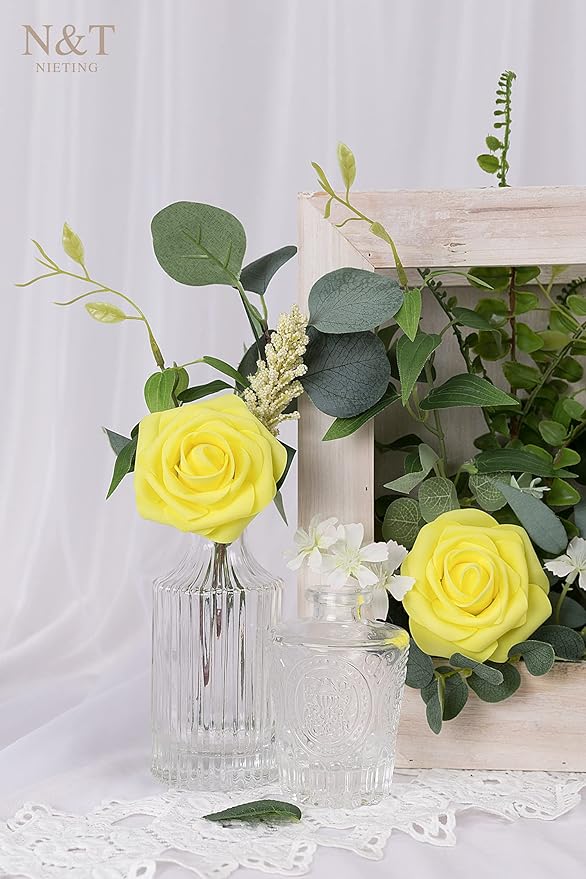 N&T NIETING Artificial Flowers, 25Pcs Fake Flowers Roses Perfect for DIY Wedding Bouquets Centerpieces Bridal Shower Party Home Flower Arrangement Easter Flower Decorations, Yellow