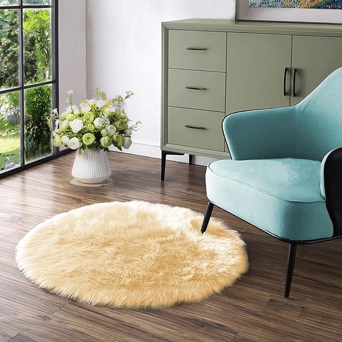 Latepis Yellow Round Rug 3ft Small Circle Faux Sheepskin Fur Rug Fluffy Boho Plush Rug Cute Furry Rugs for Bedroom Cushion Home Decor
