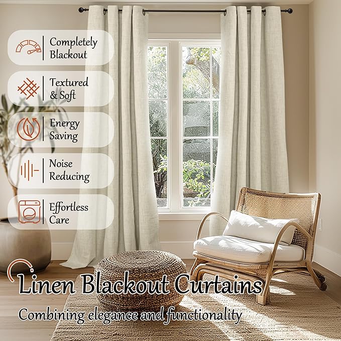Lajode Cream 100% Blackout Curtains for Living Room 95 Inch Length 2 Panels Set, Thermal Insulated Light Blocking Faux Linen Curtains for Bedroom, Bronze Grommet Boho Window Drape Each 52" Wide