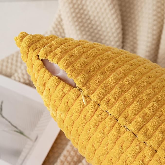 Kevin Textile Pack of 2 Velvet Pillow Covers Striped Throw Cushion Case Set Accent Corduroy Lumbar Pillowcases with Hidden Zipper for Home Decor Indoor Outdoor (12x20 Inch Yellow)