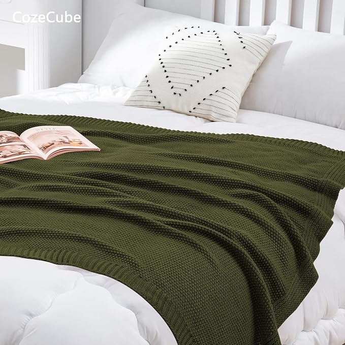 CozeCube Olive Green Throw Blanket for Couch, Soft Cozy Cable Knit Throw for Bed Sofa Living Room, Lightweight Warm Decorative Farmhouse Christmas Blanket, 50"x60", Olive Green