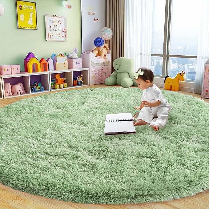 Round Fluffy for Bedroom Rugs, 5Ft Sage Green Shag Circle Rug Non-Slip for Kids Girls Boys Bedroom Dorm Nursery Playroom, Soft Cute Area Rugs for Living Room Decor