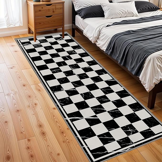 Grey Black Checkered Kitchen Hallway Carpet, 3.3x10ft, Abstract Black Marble Indoor Decor Washable Rugs, Durable Soft Cozy Non Slip Rug, Breathable Non Shedding Mats for Front Porch