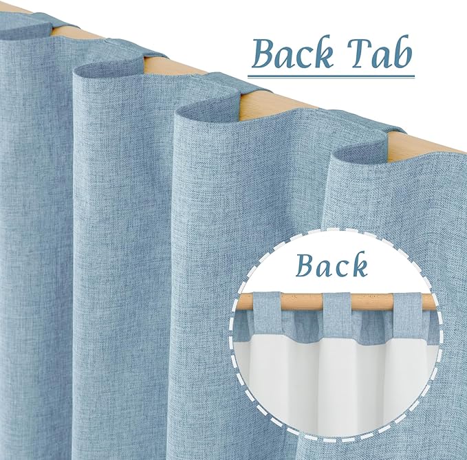 LAMIT Stone Blue 100% Blackout Linen Curtains, 63 Inches Linen Textured Thermal Bedroom Curtains Back Tab and Rod Pocket Neutral Panels with White Liner for Farmhouse, 2 Panels, 38 x 63 Inch