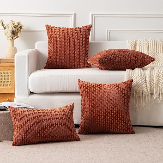 Kevin Textile Fall 2 Packs Boho Decorative Throw Pillow Covers 20x20 Inch for Living Room Couch Bed Sofa Rustic Modern Farmhouse Home Decor Soft Corduroy Square Cushion Case, Rust