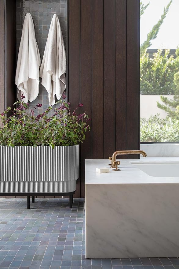 Veradek Demi Series Raised Long Planter for Indoor/Outdoor Use | Made from Plastic & Stone w/Wooden Stand | Modern Patio Décor for Flowers/Shrubs