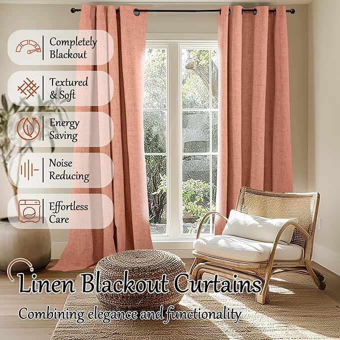 Lajode Terracotta Linen Blackout Curtains for Living Room 60 Inch Wide, Boho Farmhouse Curtains 84 Inch Long, Total Black Out Thermal Insulated Boho Window Drapes, Each Set 60x84 Inch 2 Panels