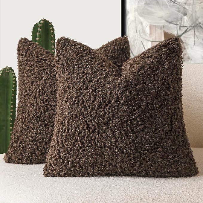 Foindtower 2 Pieces 16x16 Inch Dark Brown, Faux Fur Throw Pillow Cover Accent Sherpa Furry Pillow Covers Fuzzy Soft Pillowcases Cozy Sheepskin Decorative Fleece Cushion Case for Bed Couch Living Room