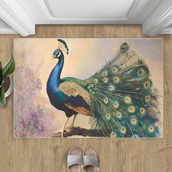 Peacock 5x8 Area Rugs for Living Room, Classic Animal Washable Non Slip Rugs, Gorgeous Feathers Low Pile Print Rug for Bedroom, Dining Room, Home Office