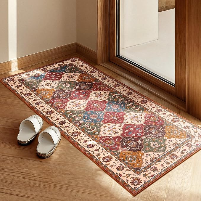Lessymo Moroccan Washable Rugs for Entryway, Polyester 2x3 Small Area Rug for Kitchen Bathroom Corridor - Non-Slip Indoor Door Mat Low Plie Stain Resistant Boho Runner Rug, Classic Red and Cream