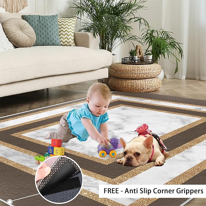 Marble Texture Area Rugs Rectangular Geometric Rug Gray White Marble Carpet Luxury Rug with Gold Accents Modern Minimalist Geometric Rugs for Bedroom Living Room 5x7ft