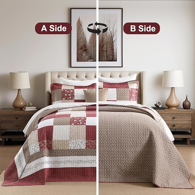 100% Cotton Oversized King Bedspread 120"x120" - Lightweight Vintage Country Quilt - 3 Piece California King Bedspreads Coverlet Set - Reversible Plaid Floral Bedding in Burgundy/Beige/Taupe/White