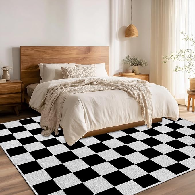 Black and White Checkered Rug for Living Room, 3x4 Area Rugs, Checkered Area Rug, Geometric Plaid Rugs, Geometrical Washable Non Slip Retro Carpet Home Floor Decor