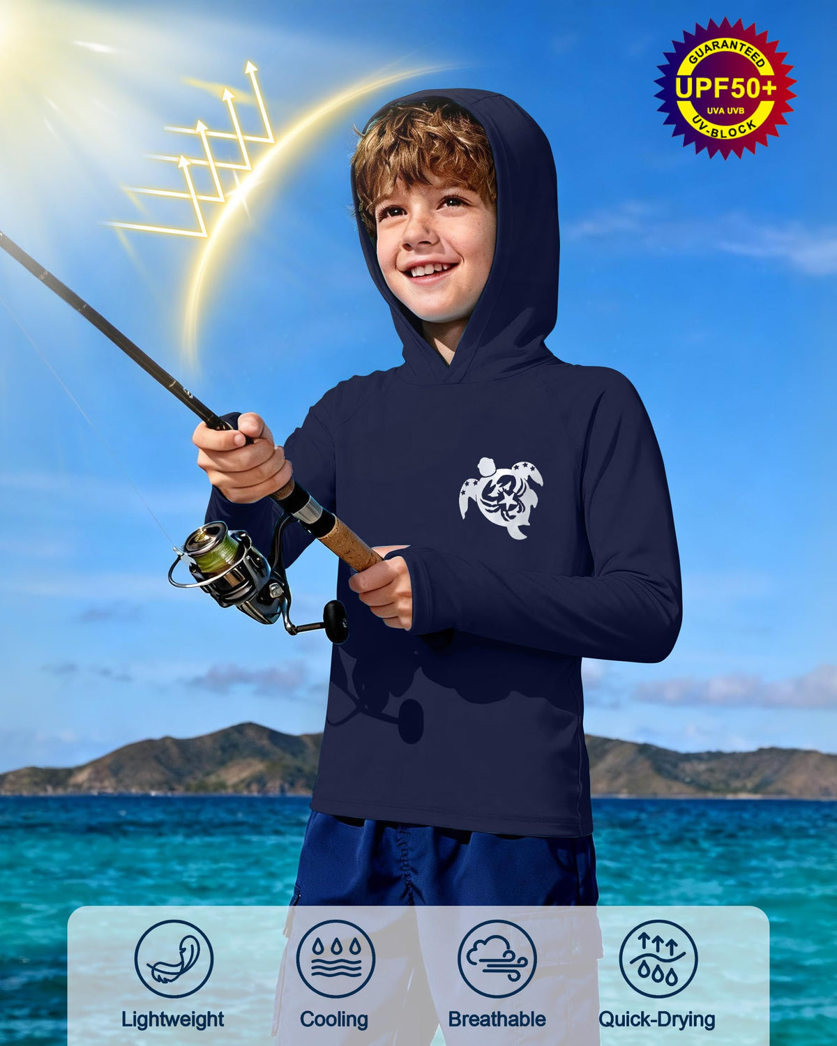 DRONIRING Boys Rash Guard Swim Hoodie, UPF 50+ UV Sun Protection Long Sleeve Fishing Shirt, Kids Youth SPF Water Shirts