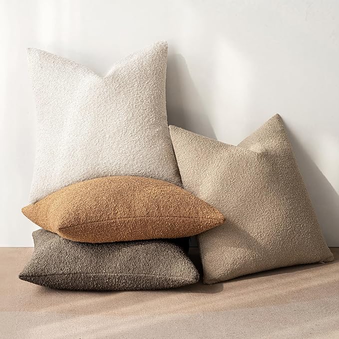 MIULEE Pack of 4 Decorative Textured Boucle Throw Pillow Covers 18x18 Inch Neutral Brown Accent Solid Pillow Cases Couch Cushion Covers for Modern Farmhouse Boho Chair Sofa Bed Room Home Decor