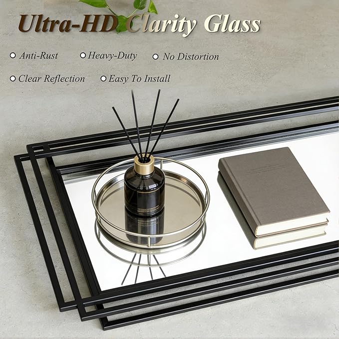 Rectangle Mirror, 42"x16" Geometric Art Mirror wirh Black Metal Frame, Modern Elegant Wall Mirrors for Living Room Bathroom Bedroom Entryway Hallway, Hangs Vertically or Horizontally
