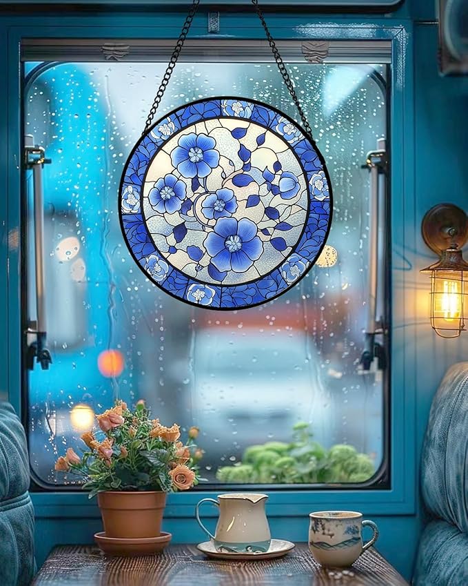 Stained Glass Window Hanging, Blue and White Plum Blossom Sun Catcher for Door Home Decor Flowers Suncatcher Christmas Mother's Day Birthday Gifts for Women Men Mom and Nana 6.3 in