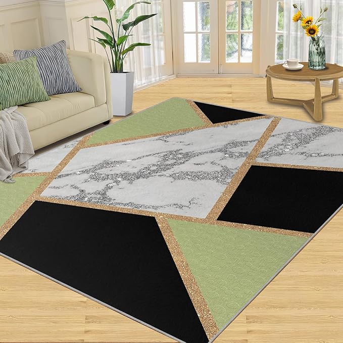 Black Gold Marble Carpet Geometric Marble Rugs for Bedroom Light Luxury Geometric Line Rug Modern Minimalist Indoor Carpet for Living Room Home Decor 3x4ft