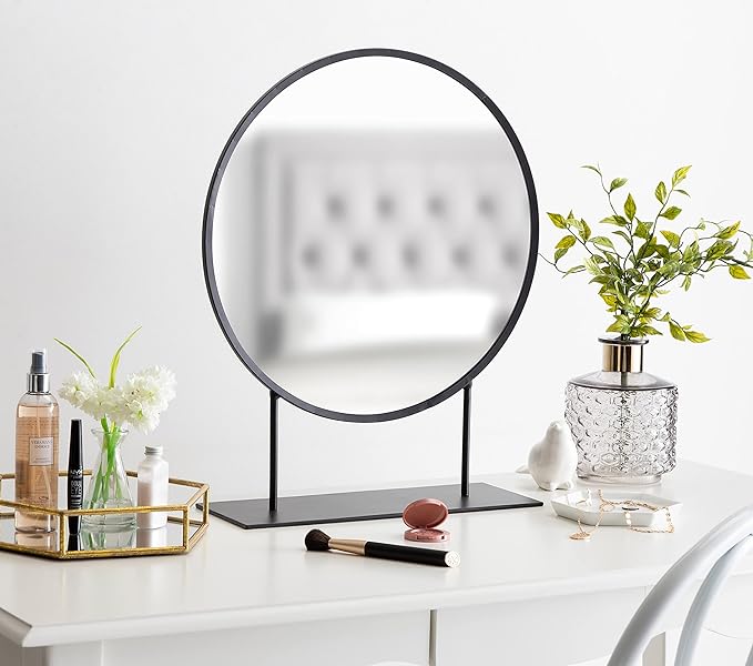 Kate and Laurel Rouen Modern Glam Round Metal Frame Table Mirror with Stand, Black