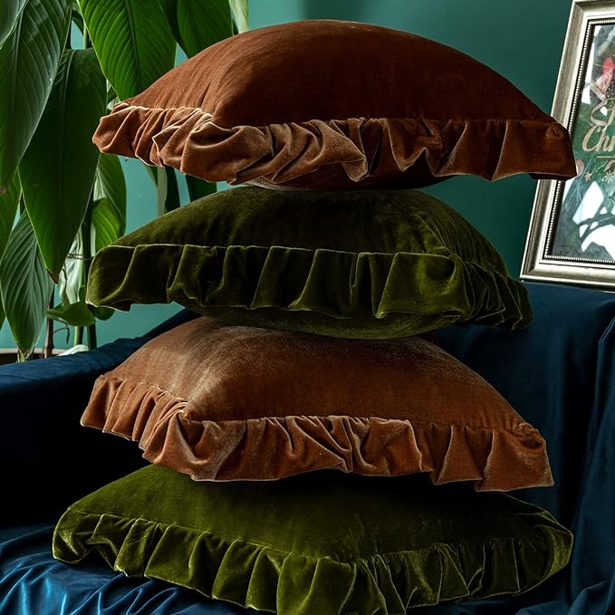 Velvet Throw Pillow Cover Soft Decorative Luxurious Solid Square Cushion Case for Sofa Couch Bedroom Farmhouse,Pack of 2, 18 x 18 Inches, Olive Green