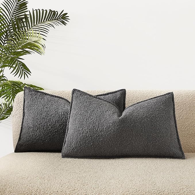 JUSPURBET 14x24 Pillow Covers Set of 2 Decorative Throw Pillow Covers Case for Couch Sofa Bed Soft Boucle Textured Lumbar Cushion Covers with Hidden Zipper for Home Decor Living Room,Dark Grey