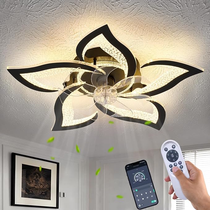 27" Black Geometric Ceiling Fan Lights with Remote, 6 Speeds Adjustable Low Profile Flush Mount Ceiling Fan with Light for Kitchen Bedroom