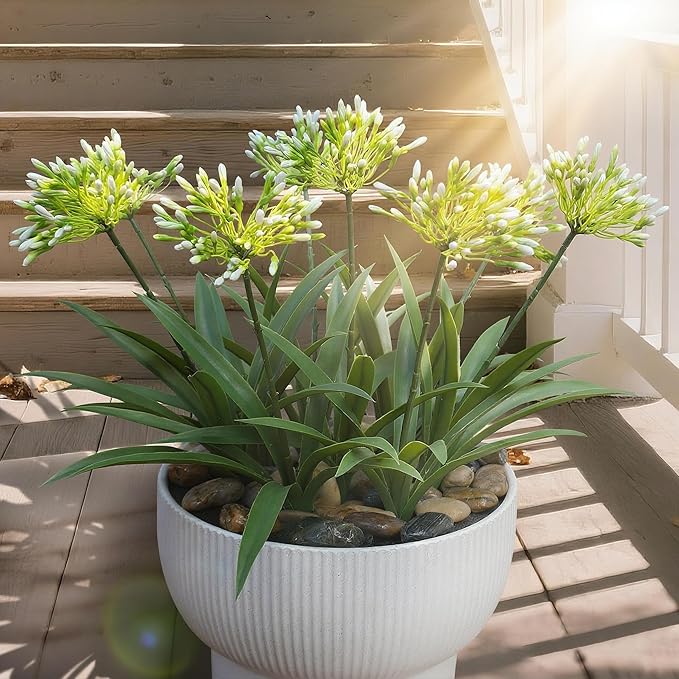 Faux Outdoor Flowers Realistic Artificial Plants 8 Bundles Agapanthus Plastic Flower Outside 18.9 in Fake Greenery Stems Green Flower for Pot Planter Decor Outside