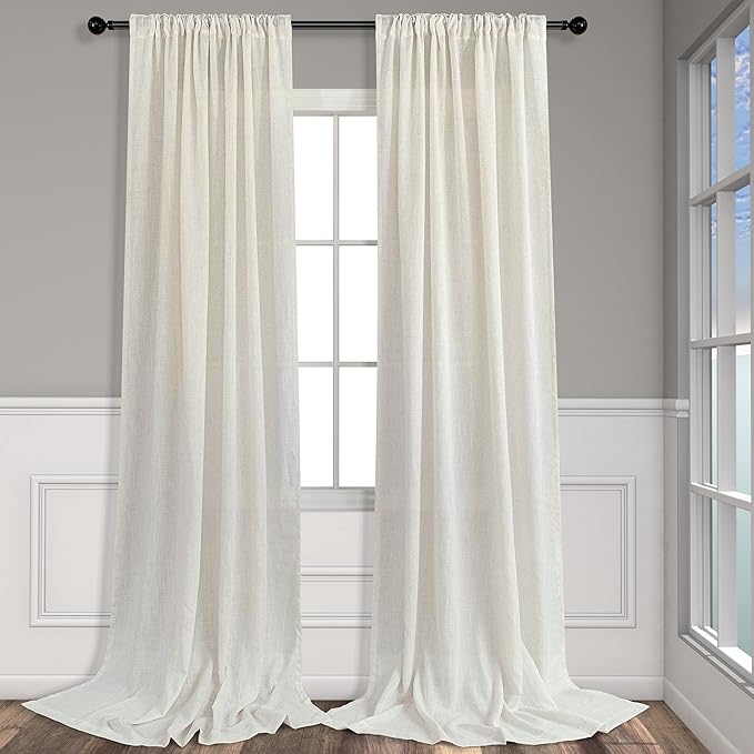 Pitalk Ivory Cream Curtains 86 Inches Long for Living Room 2 Panel Set Back Tab Pocket Light Filtering Semi Sheer Linen Pleat Curtains Rustic Farmhouse Boho Decor Cotton Textured Gauze Drapes 52 x 86
