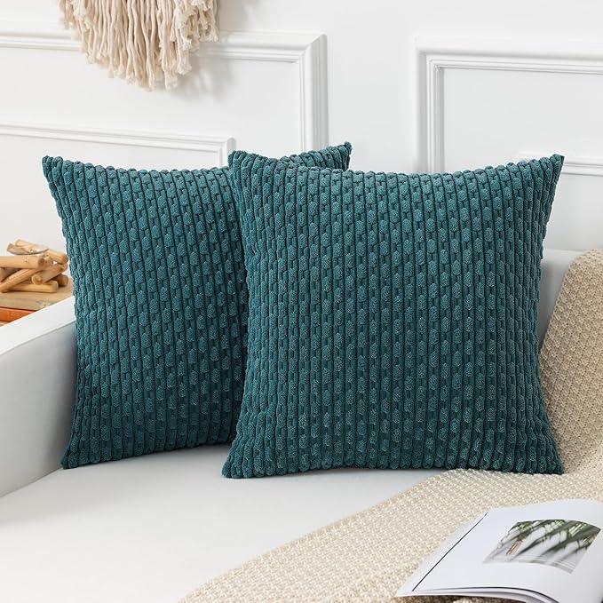 Kevin Textile Throw Pillow Covers Soft Corduroy Decorative Set of 2 Boho Striped Pillow Covers Pillowcases Farmhouse Home Decor for Couch Bed Sofa Living Room 22x22 Inch Teal Blue