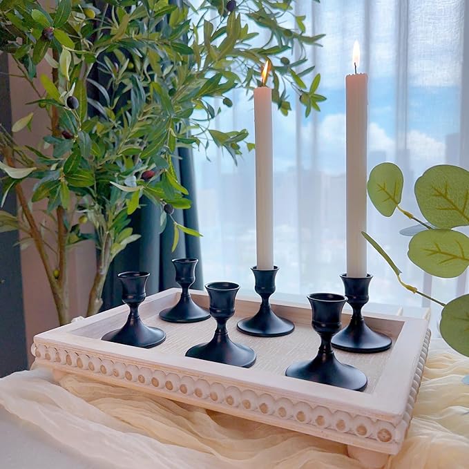 Vintage Black Taper Candle Holders, Set of 6, Metal Taper Candlestick Holder for Dinner Room Table Centerpiece, Wedding Reception, Festive,Mantel Decoration, Home Decor (Black, Set of 6)