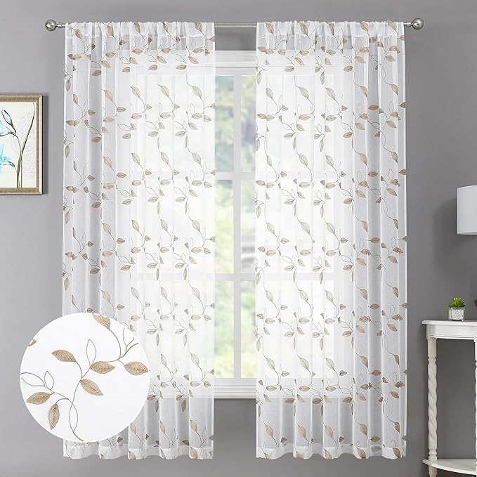 Tollpiz Taupe Leaf Sheer Curtain Leaves Embroidered Bedroom Curtains Rod Pocket Voile Window Treatments for Living Room, 38 x 63 inches Long, Set of 2 Panels
