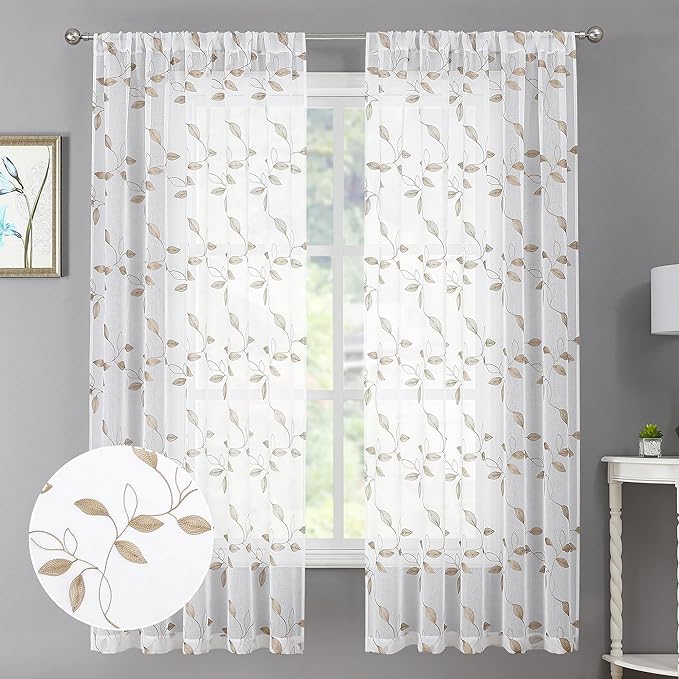 Tollpiz Taupe Leaf Sheer Curtains Leaves Embroidered Living Room Curtain Rod Pocket Voile Window Treatments for Bedroom, 54 x 63 inches Long, Set of 2 Panels