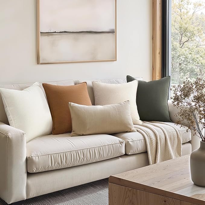 Pack of 4 Couch Throw Pillow Covers 20x20 Inch GoldOlive Soft Decorative Linen Pillow Covers Farmhouse Boho Cushion Covers for Mid Century Modern Home Decor Sofa Bedroom Living Room