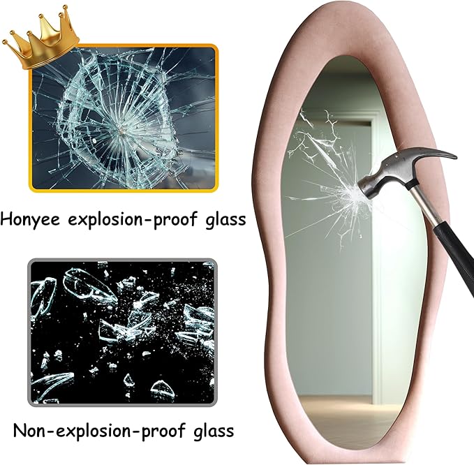 Honyee Full Length Mirror, 63" x 24" Wall Mirror, Flannel Wrapped Wooden Frame Full Body Mirror, Irregular Wavy Mirror Hanging or Leaning Against Wall for Cloakroom/Bedroom/Living Room, Pink