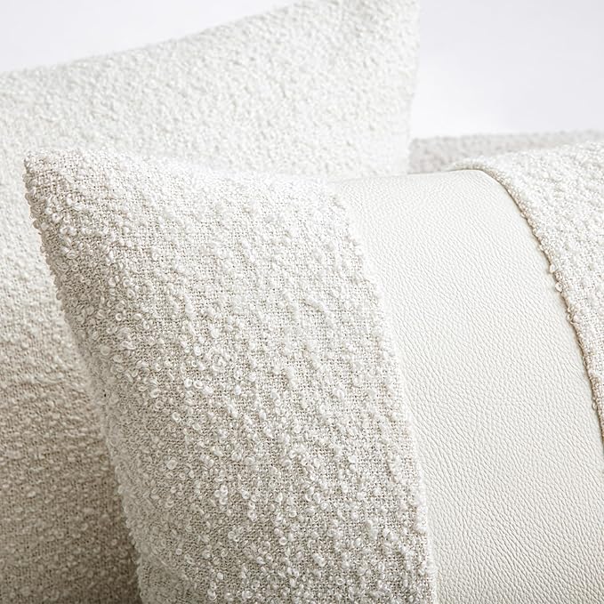 18"x18" White Boucle Throw Pillow Covers with Faux Leather Accents Set of 2 Fluffy Textured Decorative Pillow Cases for Couch Bed Boho Farmhouse Square Cushion Covers for Nordic Home Décor