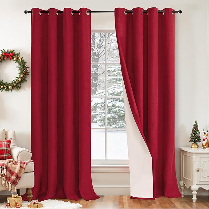 Lajode Red Linen Blackout Christmas Curtains for Living Room - Thermal Insulated Heavy Curtains 84 Inch Long, Thick Light Blocking Soundproof Curtains for Winter Bedroom Each 52x84 Inch 2 Panels