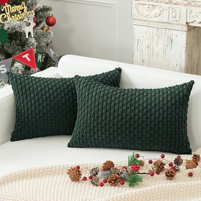 Kevin Textile Christmas Decorative Pillow Covers Set of 2 Striped Plush Corduroy Rectangle Lumbars Boho Home Decor Cushion Covers for Couch Sofa Bed Living Room 12x20 Inch, Army Green