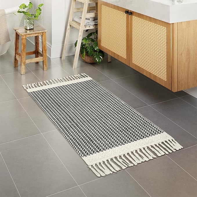 Lahome Boho Kitchen Runner, 2x4.3 Bathroom Runner Rug Lightweight Entryway Rug Woven Cotton Throw Mat with Tassels, Farmhouse Non Shedding Washable Grey Rugs Low Pile for Bedroom Doorway