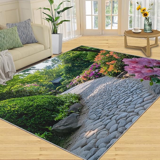 Japanese Gardens Washable Area Rugs 3x5 Non-Slip Garden Art Living Room Rug Eastern Aesthetics Soft for Carpet Low Pile Indoor Door Mat & Room Decor