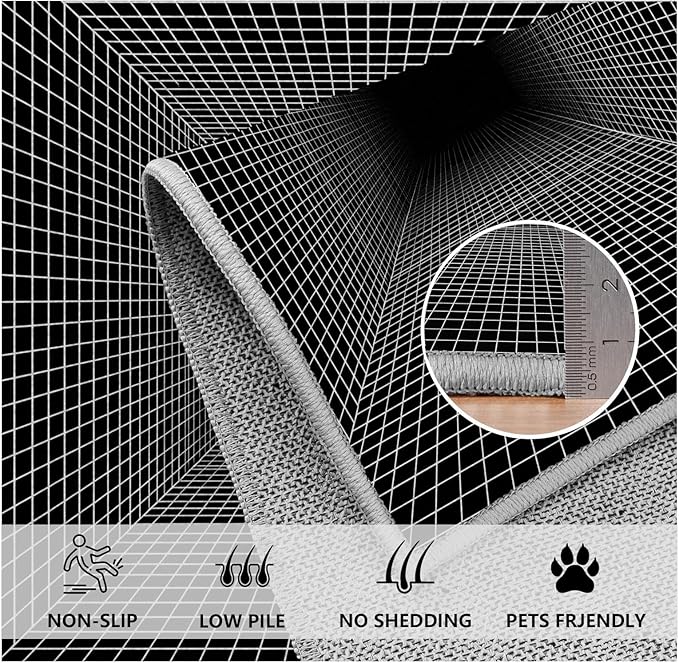 Optical Illusion Rug - Washable Rugs 6x9, Abstract Geometric Lines Soft Neutral Indoor Floor Mats Plaid Carpet, Non-Slip Stain Resistant Modern Black Rug for Bedroom, Living Room Rugs